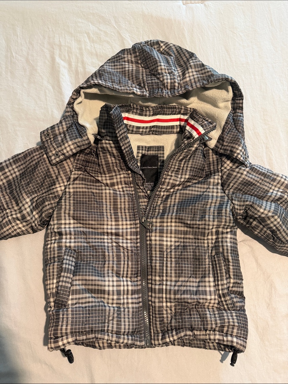 Calvin Klein Kids Hooded Plaid Puffer Jacket - Gray & Cream